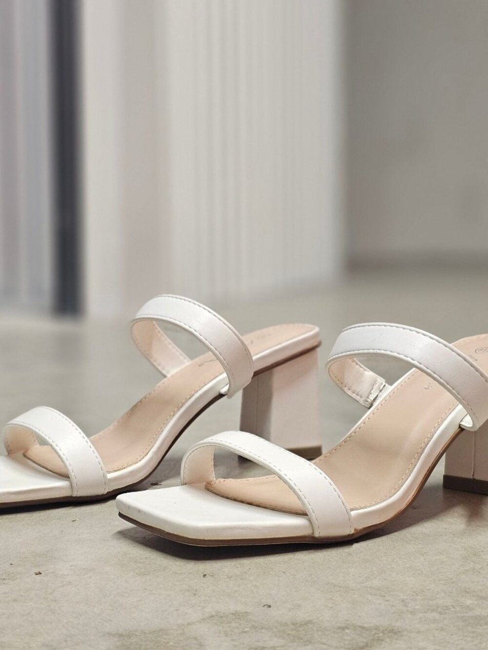 White Faux Leather Block Heel Sandals With Double Straps & Square Toe For Women - Picture 7 of 15
